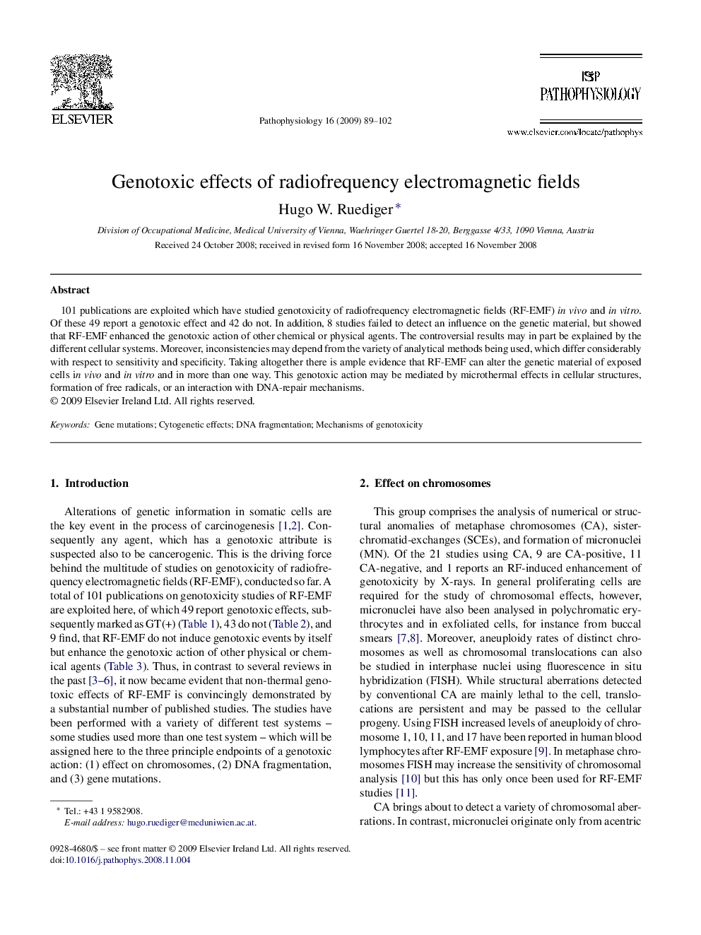 Genotoxic effects of radiofrequency electromagnetic fields