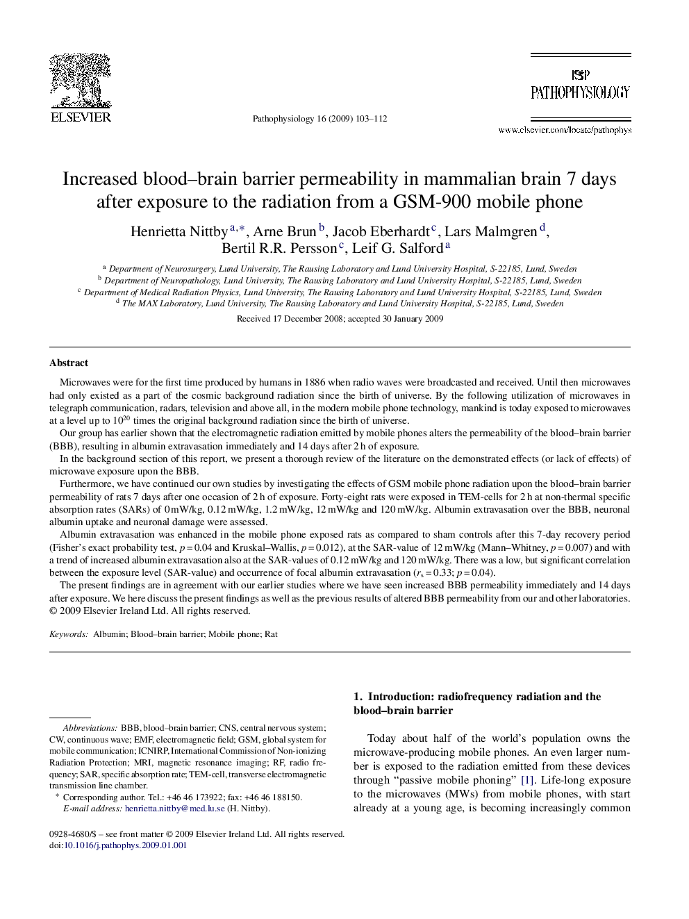 Increased blood–brain barrier permeability in mammalian brain 7 days after exposure to the radiation from a GSM-900 mobile phone