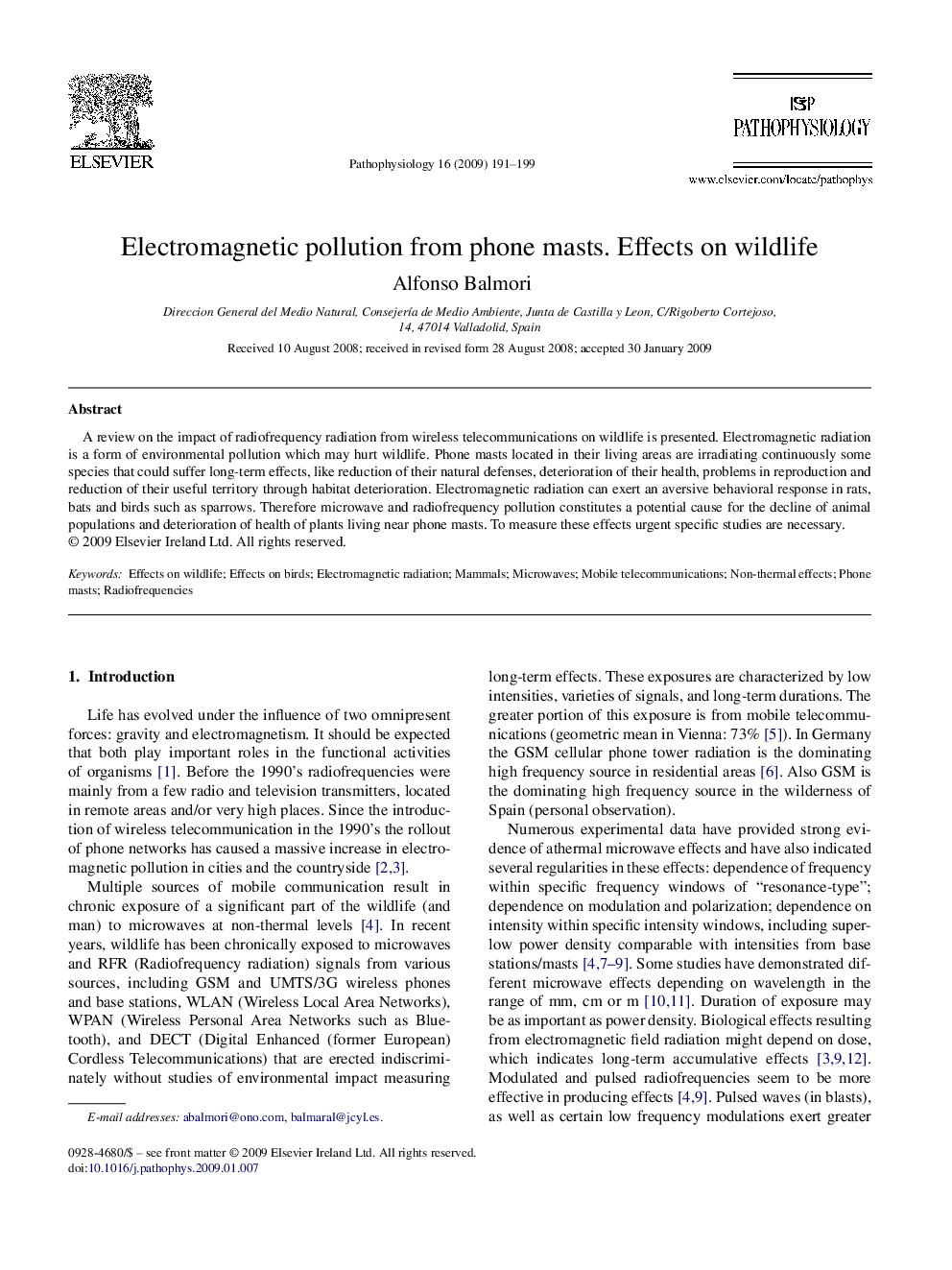 Electromagnetic pollution from phone masts. Effects on wildlife