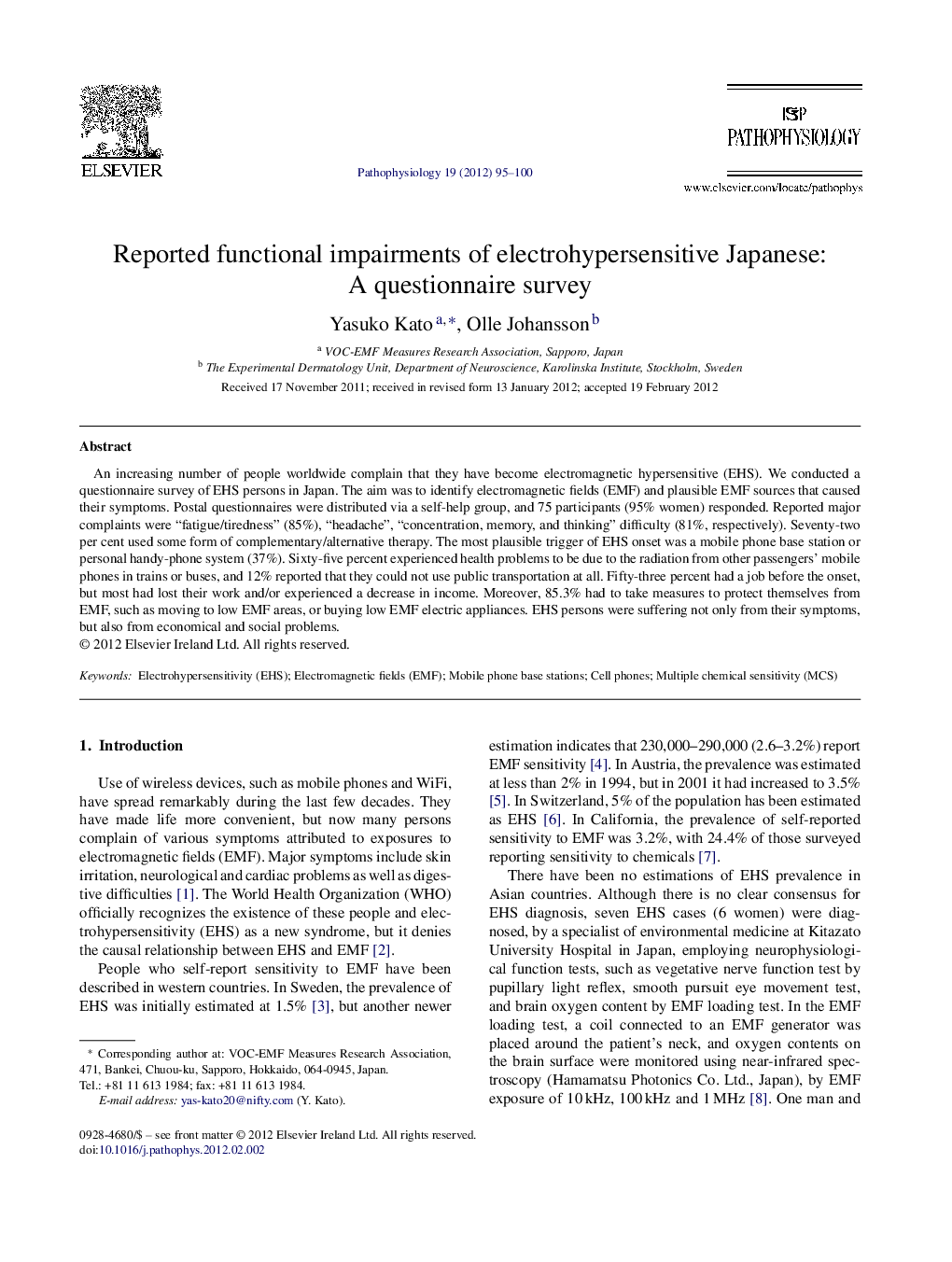 Reported functional impairments of electrohypersensitive Japanese: A questionnaire survey