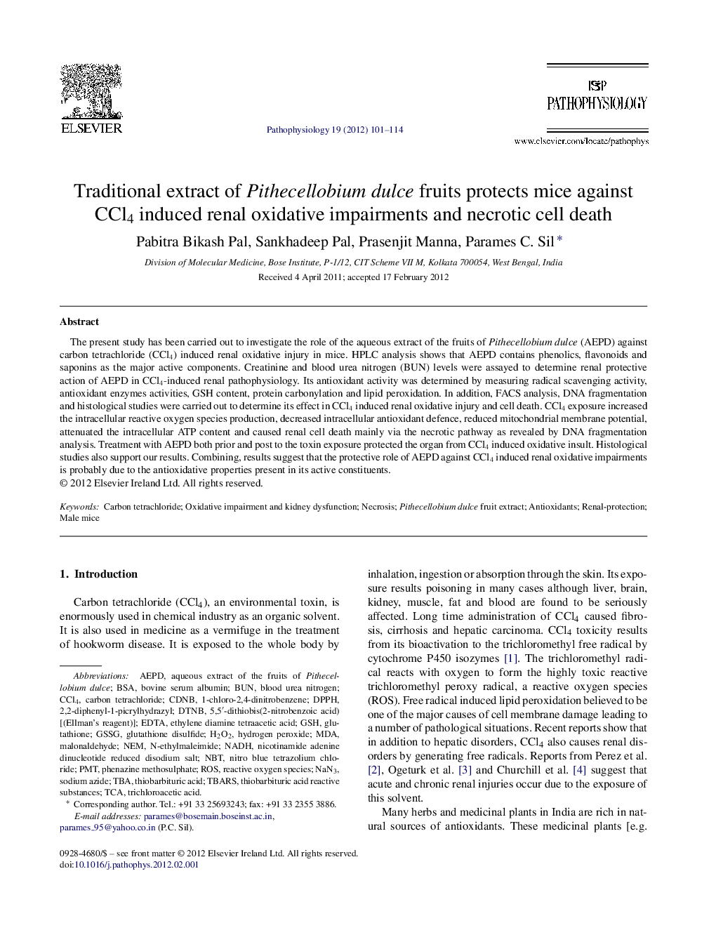 Traditional extract of Pithecellobium dulce fruits protects mice against CCl4 induced renal oxidative impairments and necrotic cell death