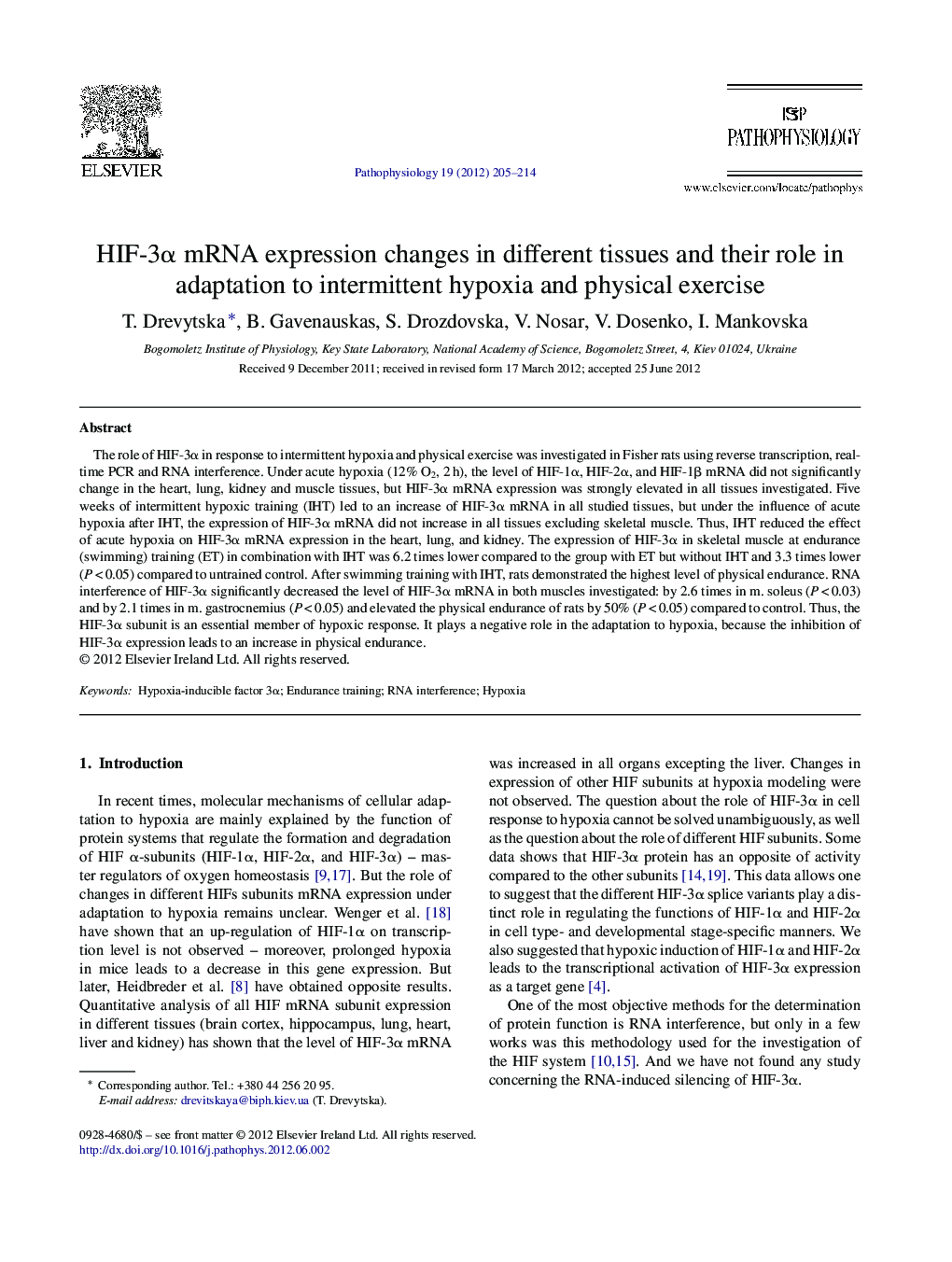 HIF-3Î± mRNA expression changes in different tissues and their role in adaptation to intermittent hypoxia and physical exercise