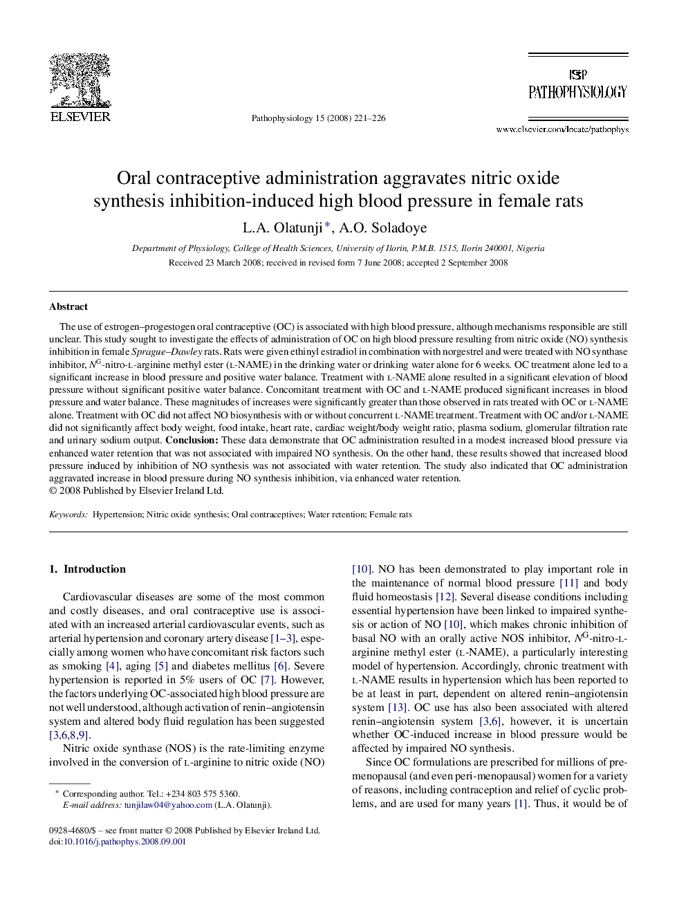 Oral contraceptive administration aggravates nitric oxide synthesis inhibition-induced high blood pressure in female rats