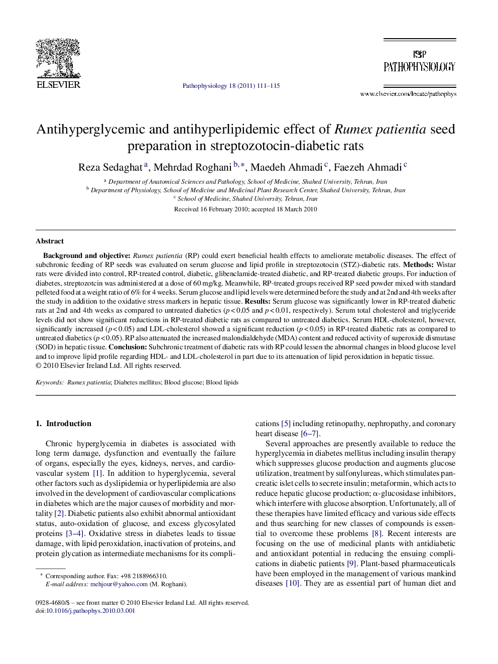 Antihyperglycemic and antihyperlipidemic effect of Rumex patientia seed preparation in streptozotocin-diabetic rats