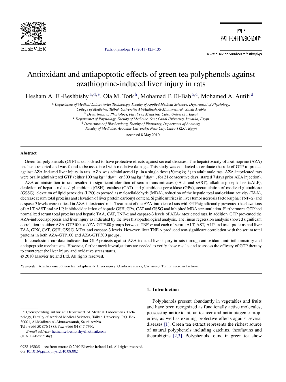 Antioxidant and antiapoptotic effects of green tea polyphenols against azathioprine-induced liver injury in rats