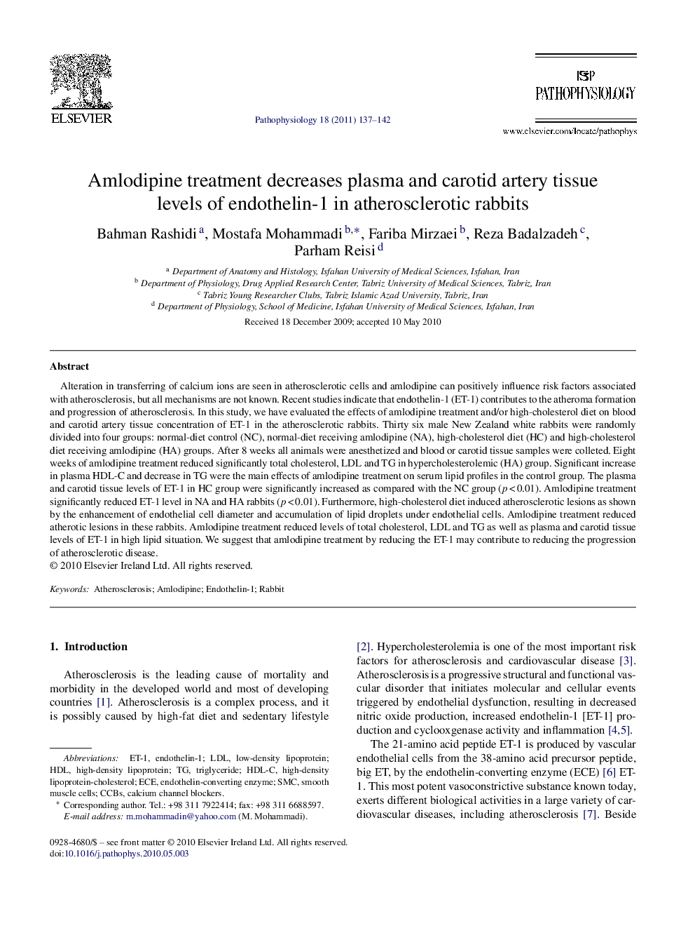 Amlodipine treatment decreases plasma and carotid artery tissue levels of endothelin-1 in atherosclerotic rabbits