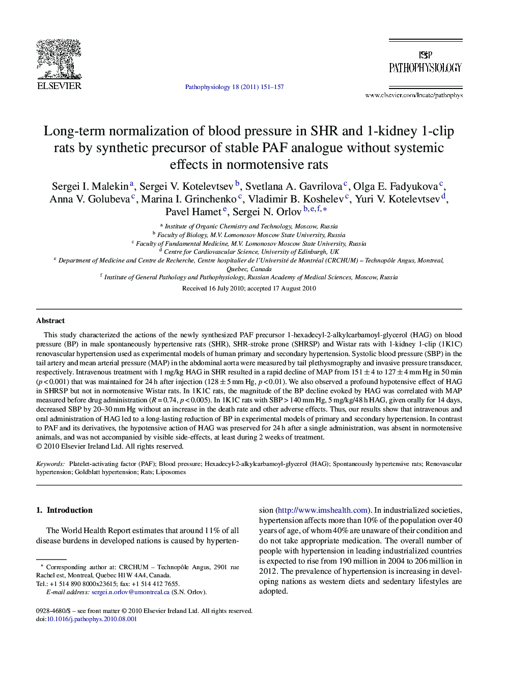 Long-term normalization of blood pressure in SHR and 1-kidney 1-clip rats by synthetic precursor of stable PAF analogue without systemic effects in normotensive rats