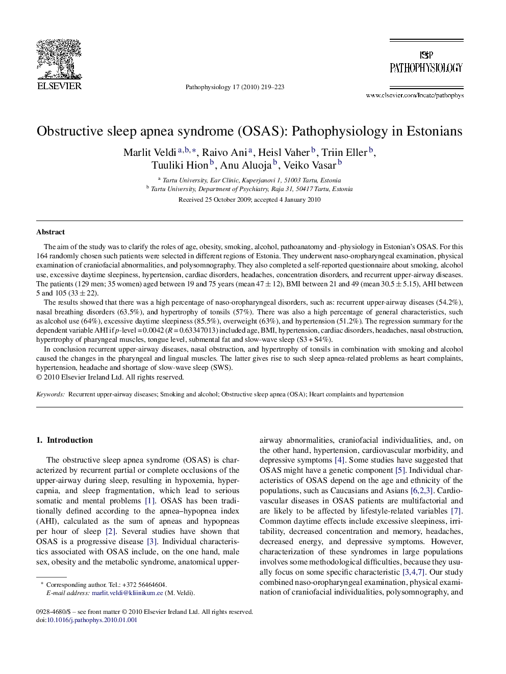 Obstructive sleep apnea syndrome (OSAS): Pathophysiology in Estonians