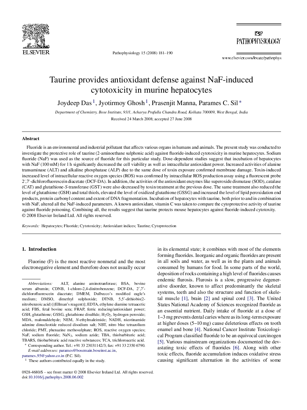 Taurine provides antioxidant defense against NaF-induced cytotoxicity in murine hepatocytes