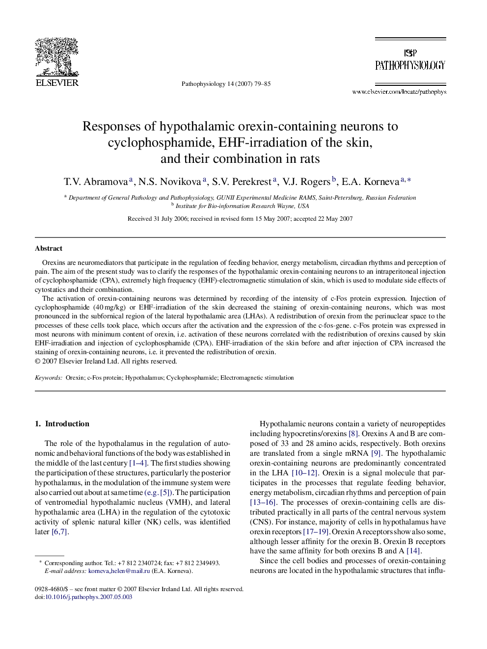 Responses of hypothalamic orexin-containing neurons to cyclophosphamide, EHF-irradiation of the skin, and their combination in rats