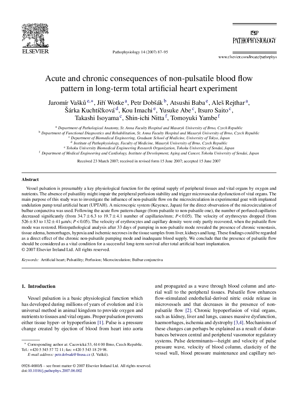 Acute and chronic consequences of non-pulsatile blood flow pattern in long-term total artificial heart experiment