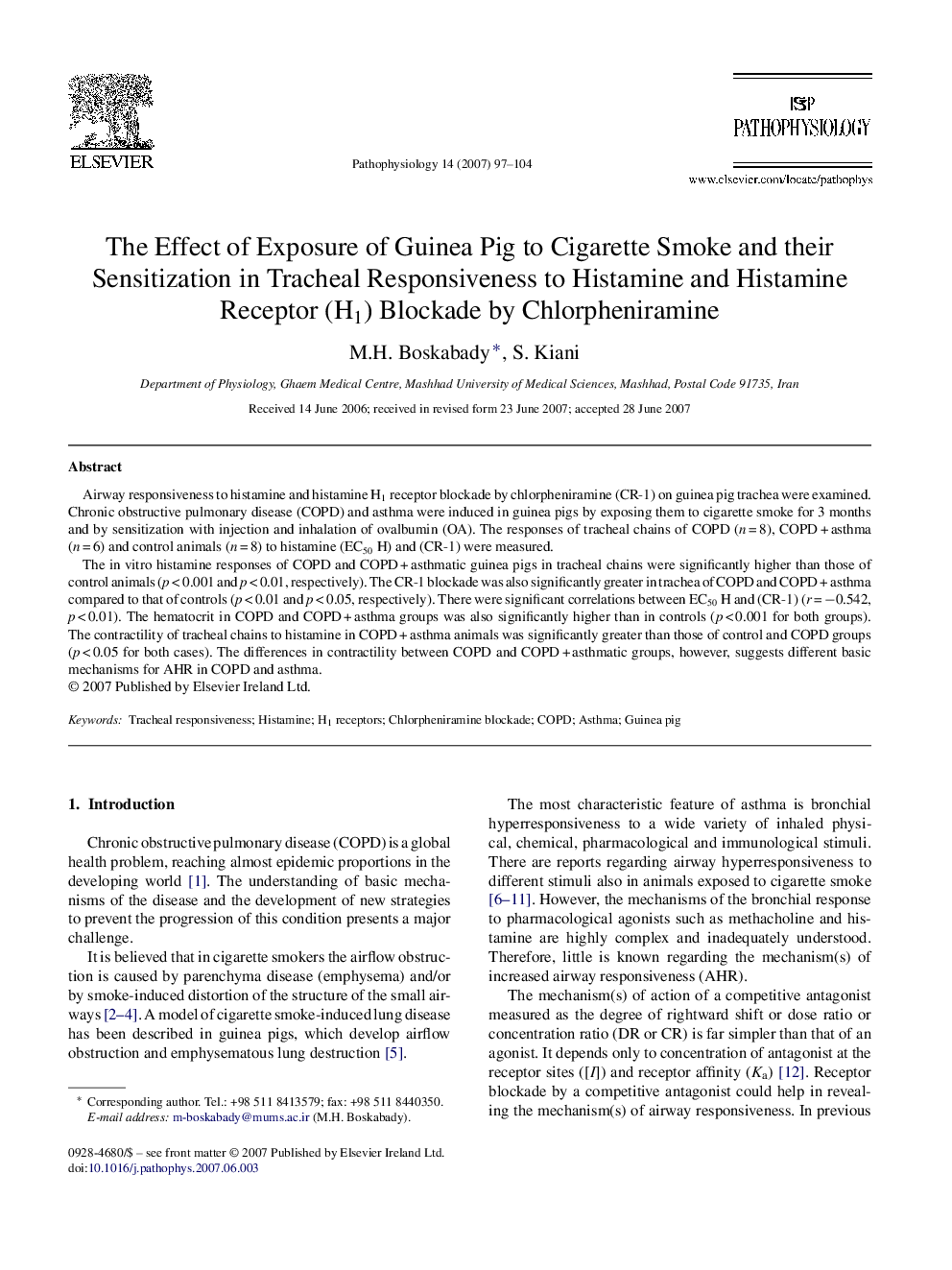 The Effect of Exposure of Guinea Pig to Cigarette Smoke and their Sensitization in Tracheal Responsiveness to Histamine and Histamine Receptor (H1) Blockade by Chlorpheniramine