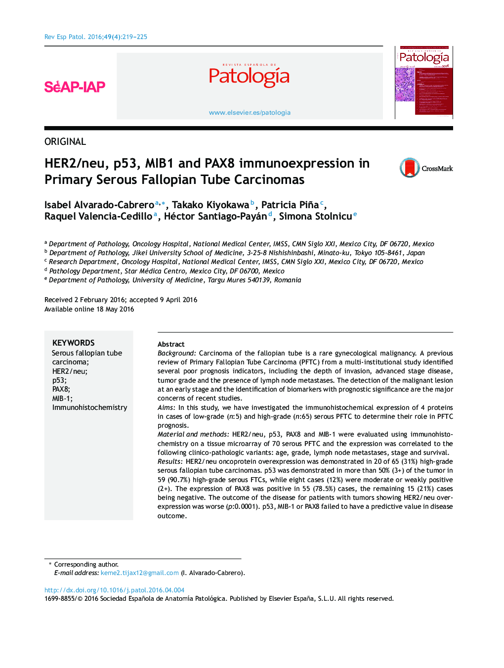 HER2/neu, p53, MIB1 and PAX8 immunoexpression in Primary Serous Fallopian Tube Carcinomas