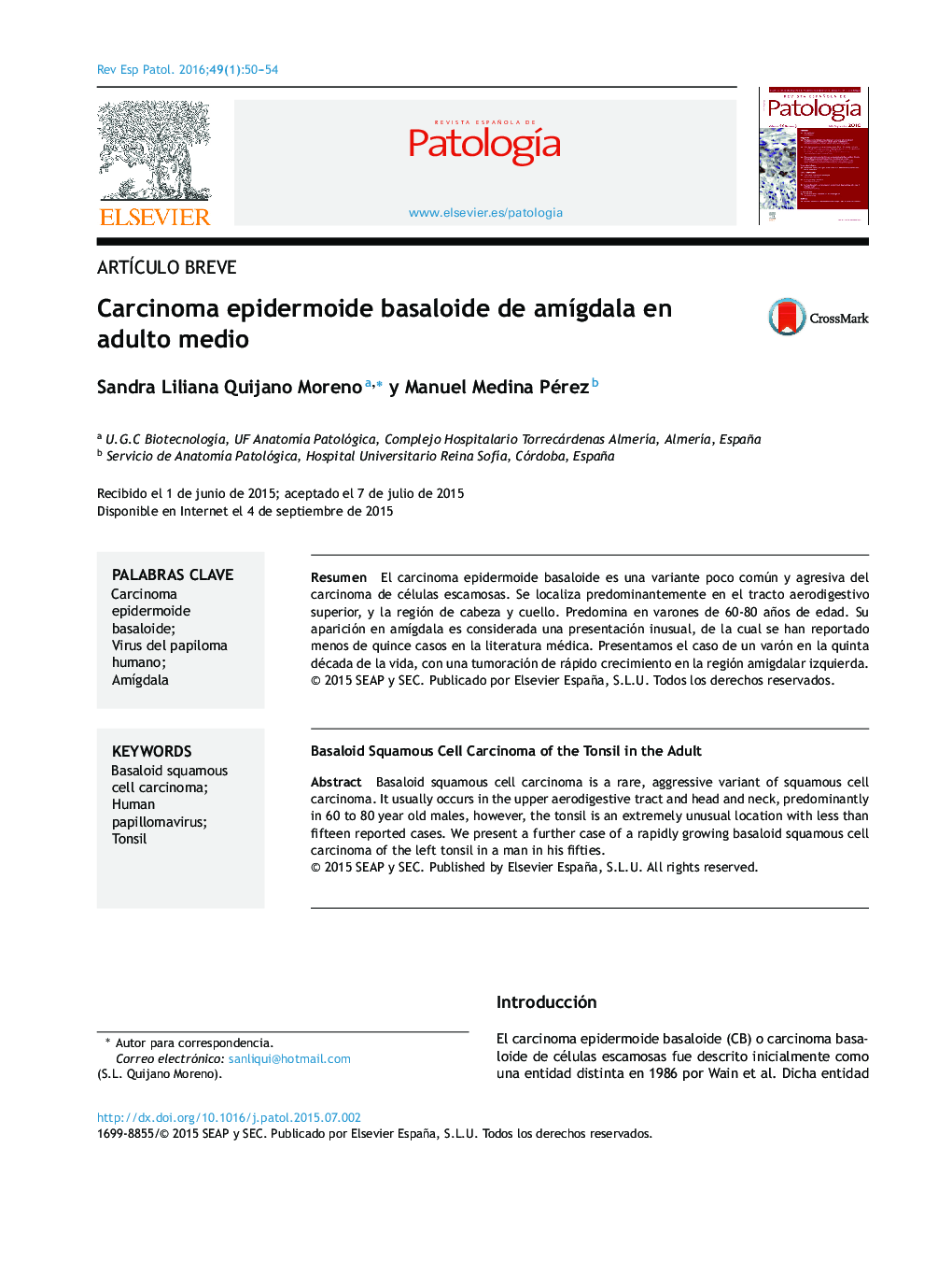 Carcinoma epidermoide basaloide de amÃ­gdala en adulto medio