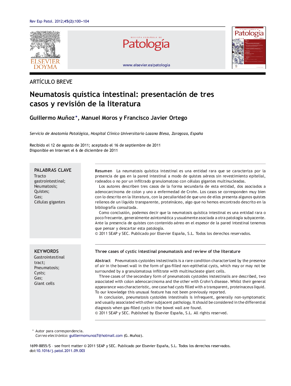 Neumatosis quística intestinal: presentación de tres casos y revisión de la literatura