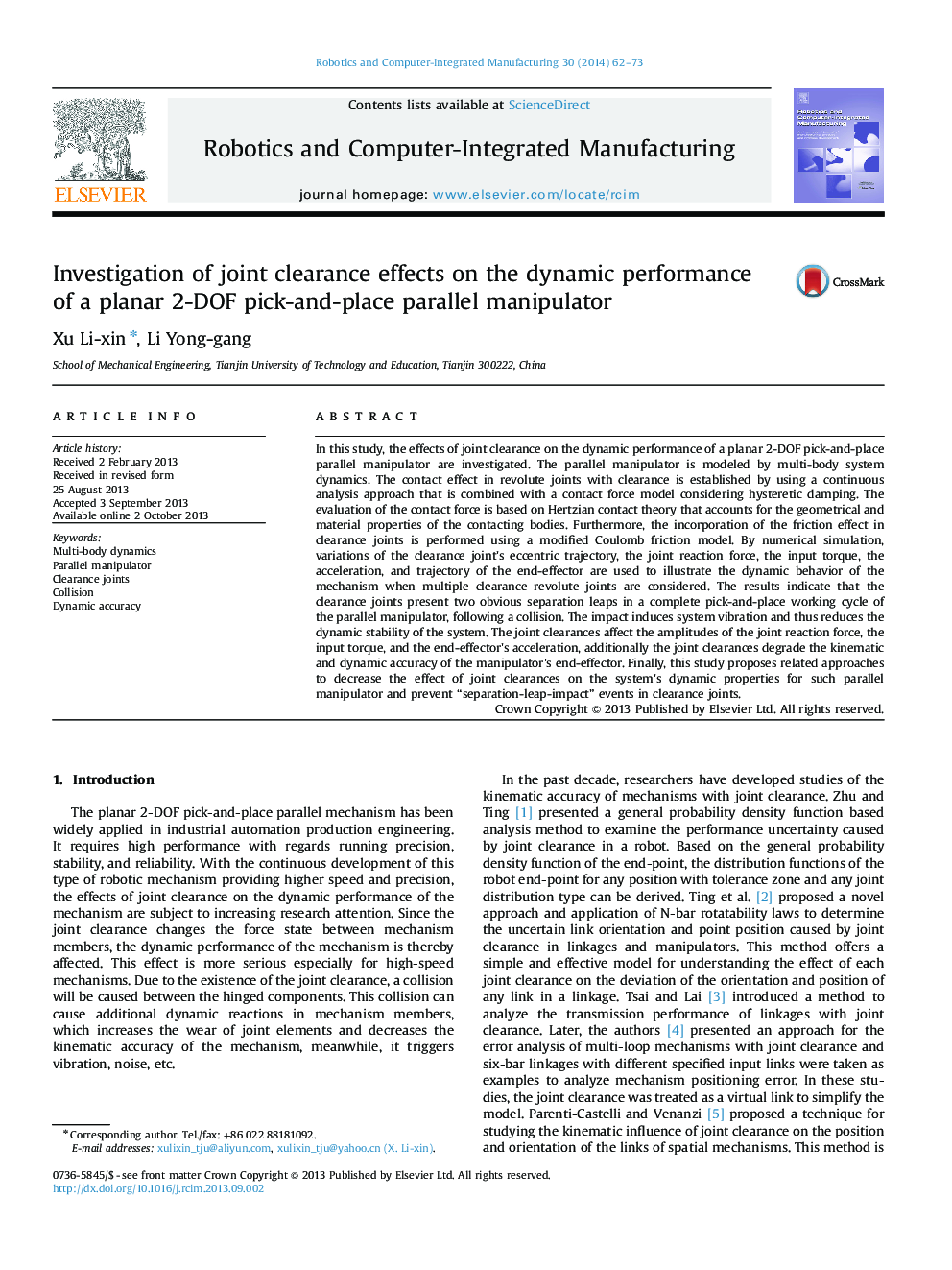 Investigation of joint clearance effects on the dynamic performance of a planar 2-DOF pick-and-place parallel manipulator