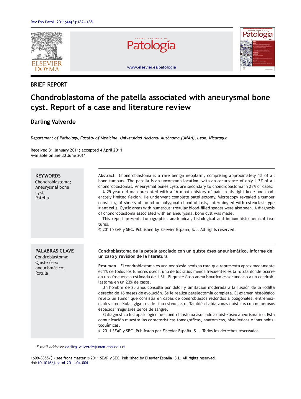 Chondroblastoma of the patella associated with aneurysmal bone cyst. Report of a case and literature review