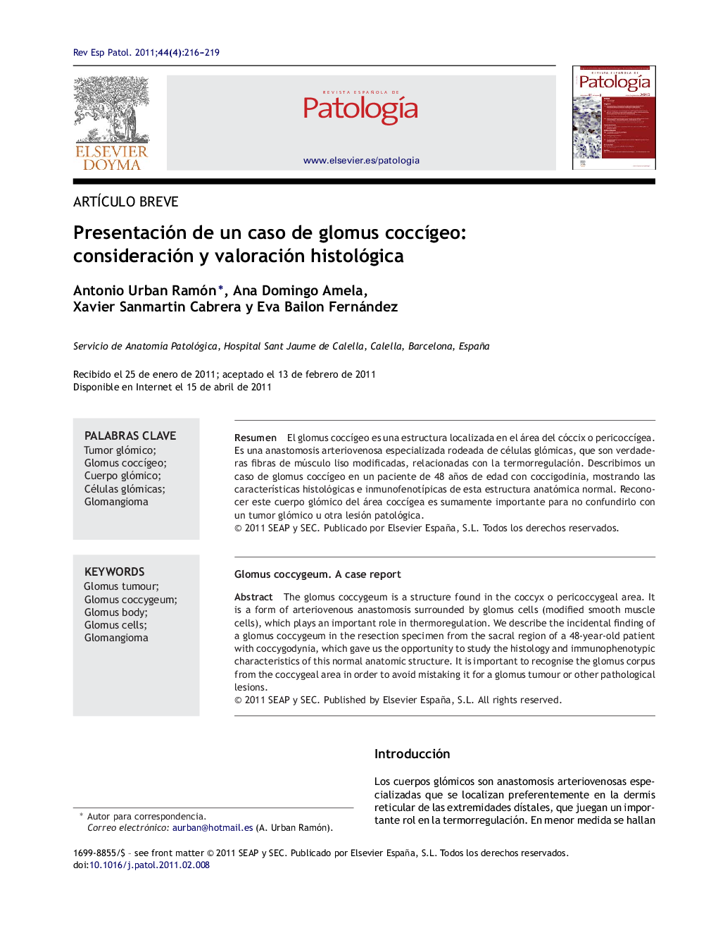 Presentación de un caso de glomus coccÃ­geo: consideración y valoración histológica