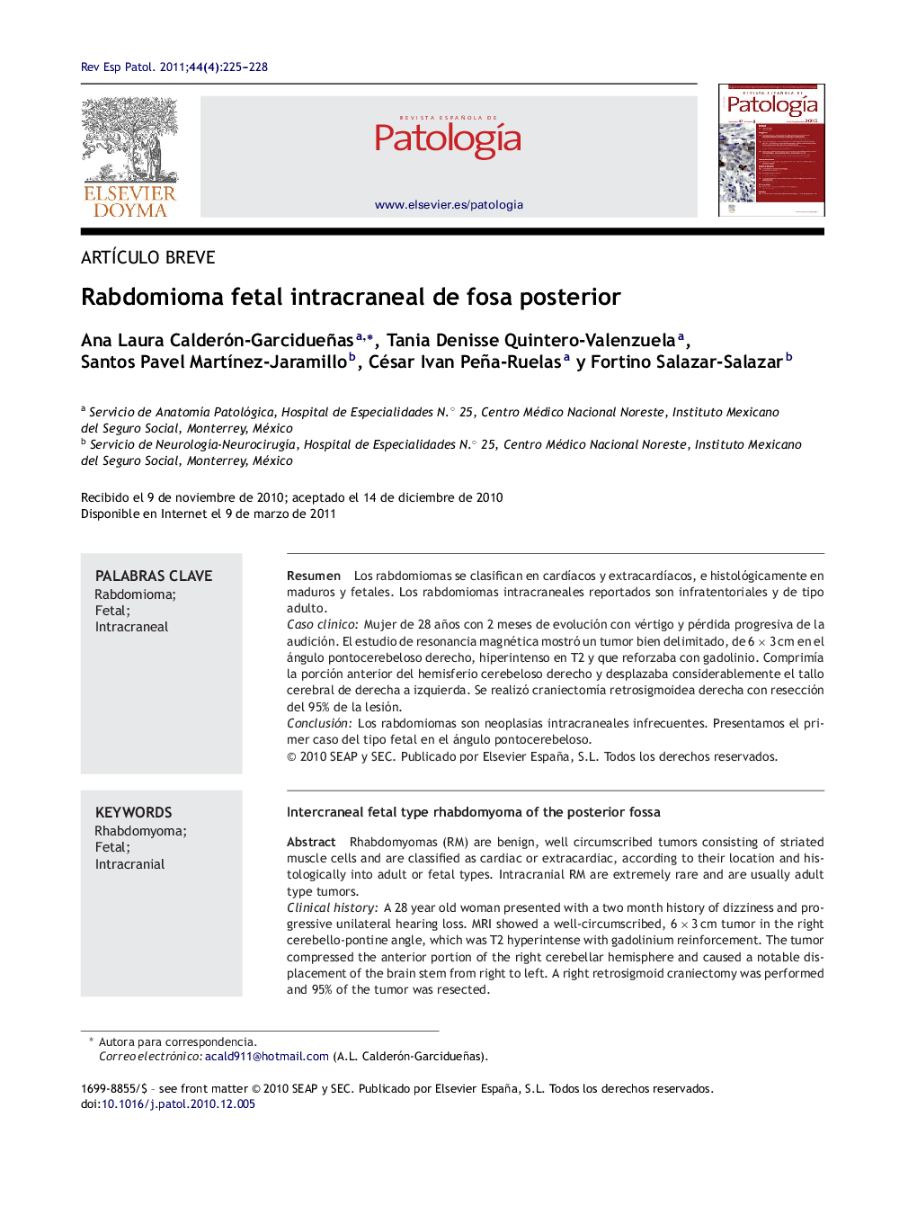 Rabdomioma fetal intracraneal de fosa posterior