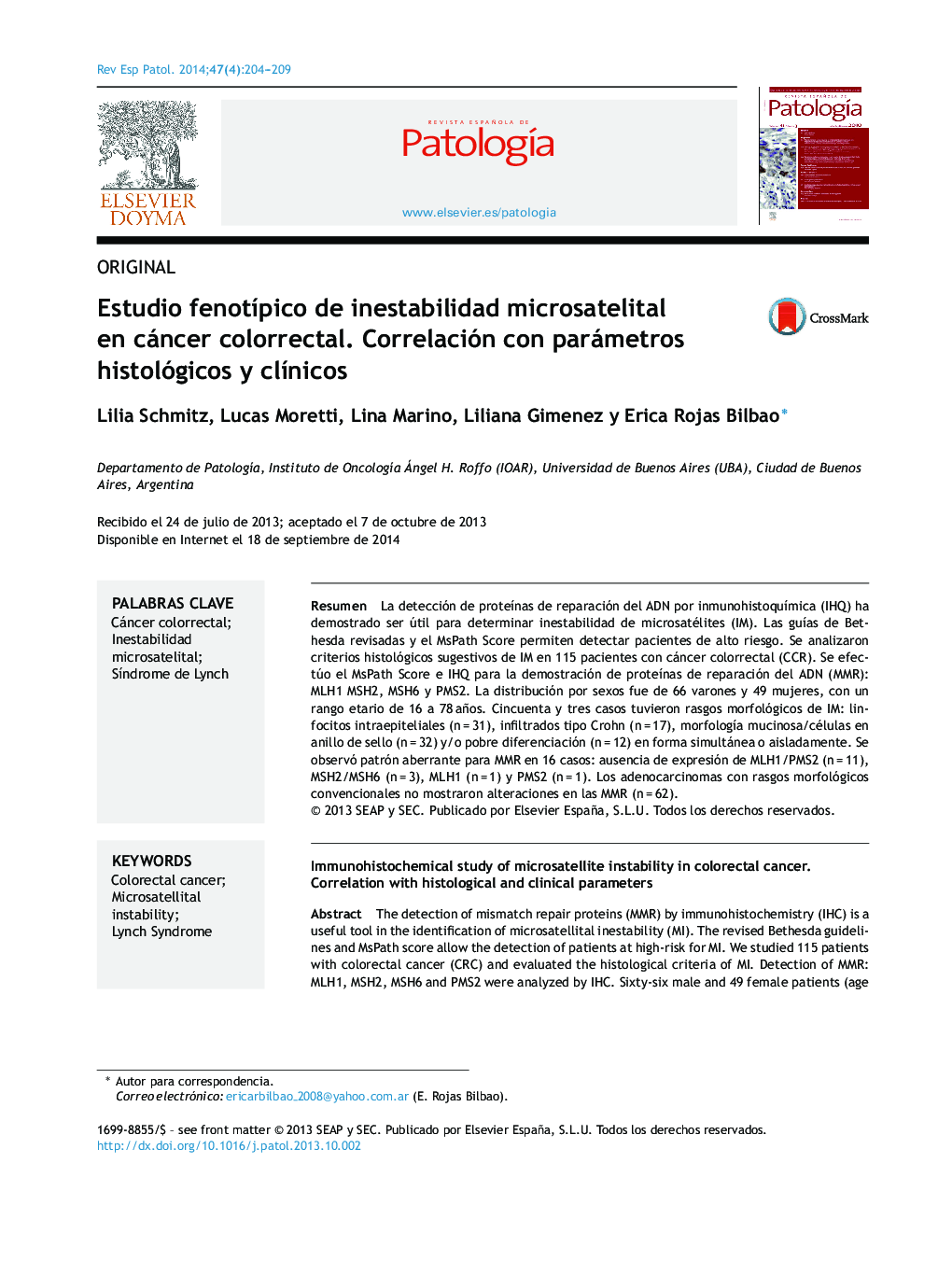 Estudio fenotípico de inestabilidad microsatelital en cáncer colorrectal. Correlación con parámetros histológicos y clínicos