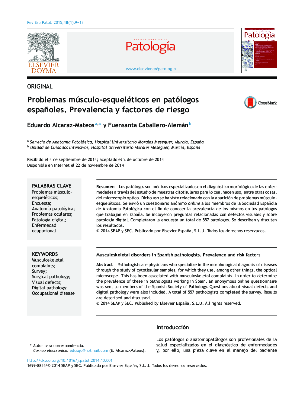Problemas músculo-esqueléticos en patólogos españoles. Prevalencia y factores de riesgo
