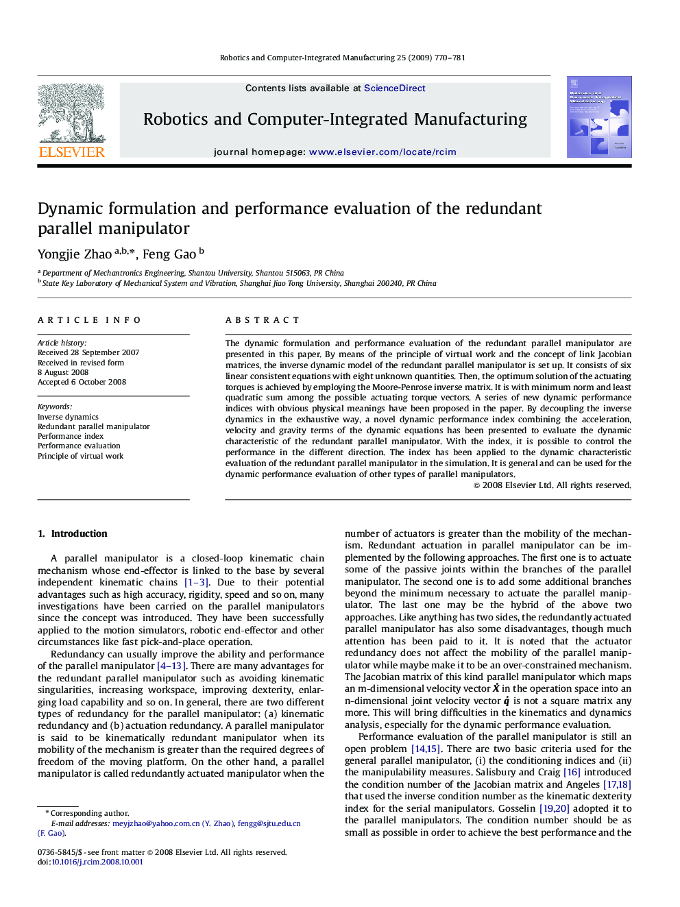 Dynamic formulation and performance evaluation of the redundant parallel manipulator