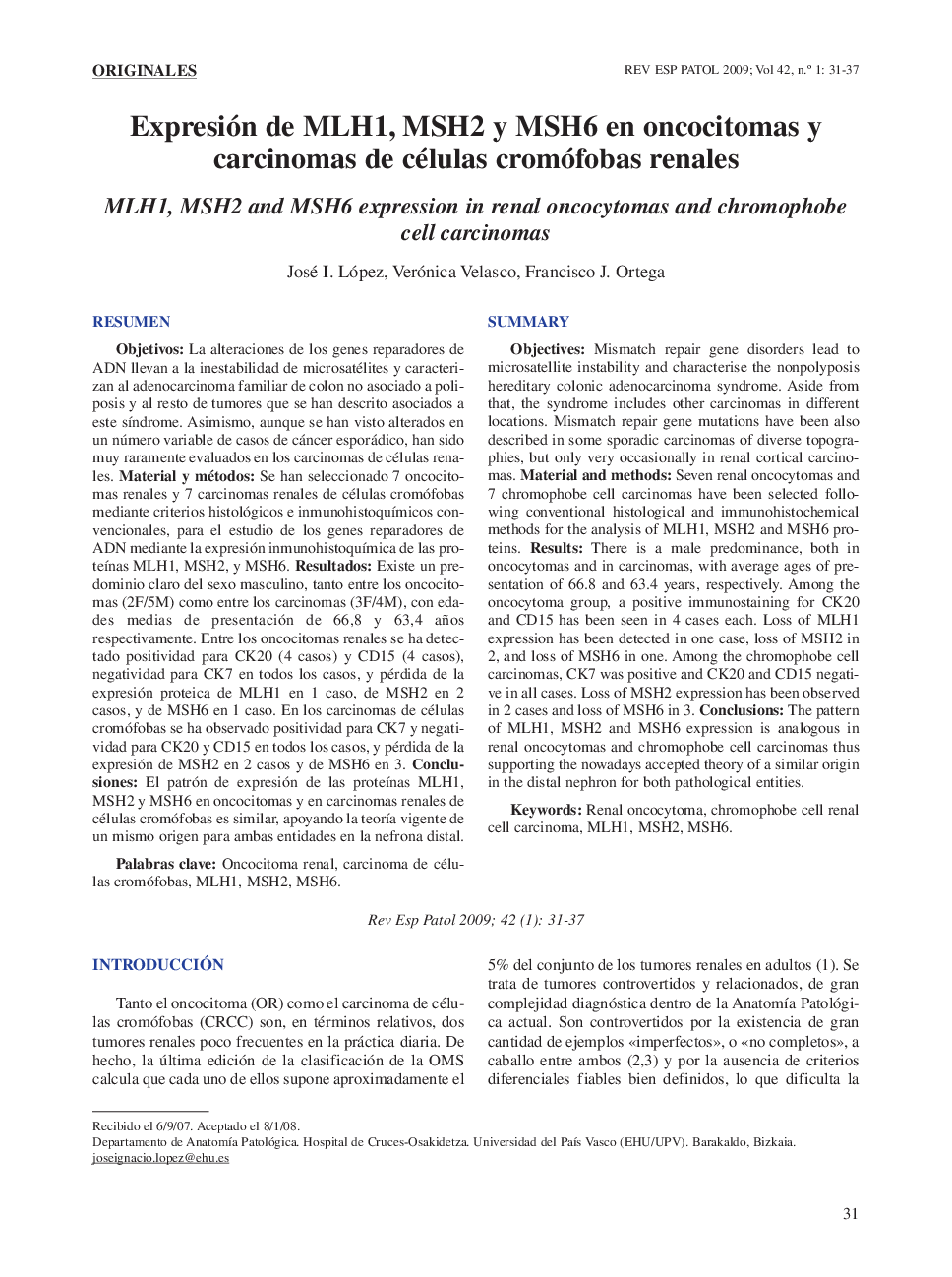 Expresión de MLH1, MSH2 y MSH6 en oncocitomas y carcinomas de células cromófobas renales