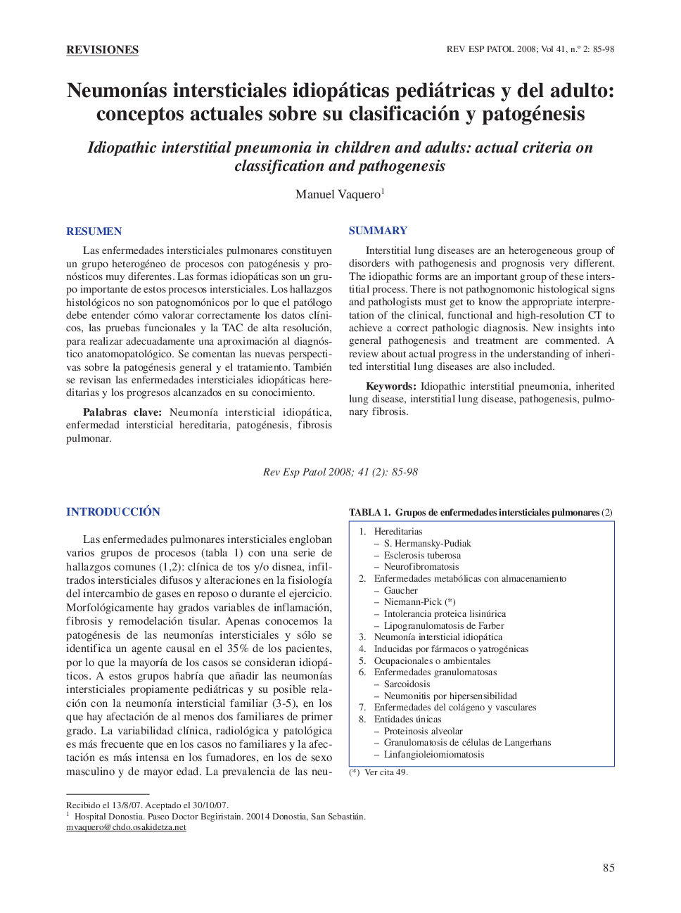 Neumonías intersticiales idiopáticas pediátricas y del adulto: conceptos actuales sobre su clasificación y patogénesis