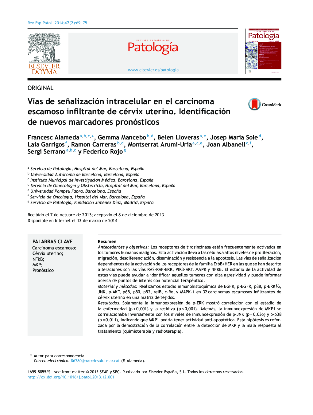 Vías de señalización intracelular en el carcinoma escamoso infiltrante de cérvix uterino. Identificación de nuevos marcadores pronósticos