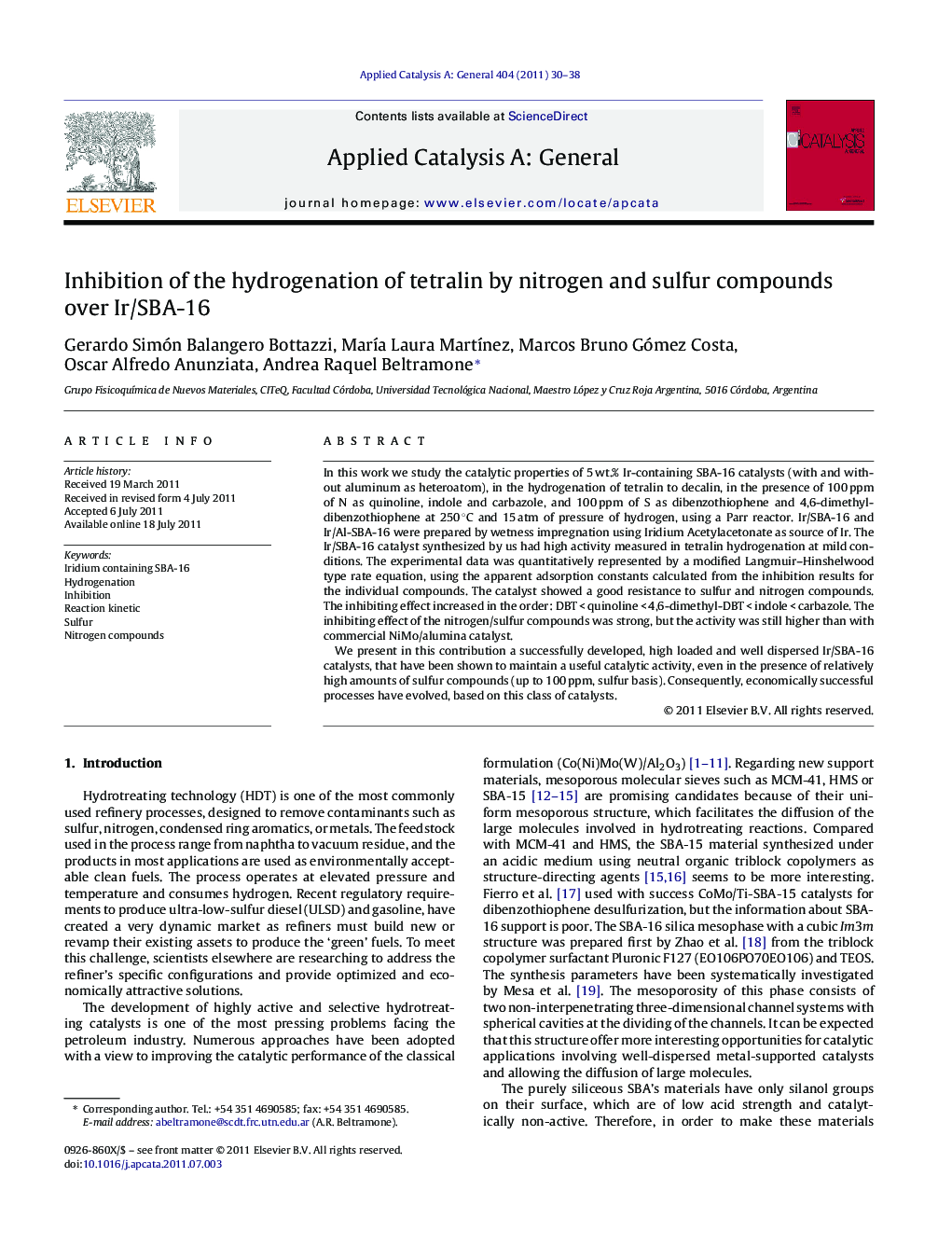 Inhibition of the hydrogenation of tetralin by nitrogen and sulfur compounds over Ir/SBA-16