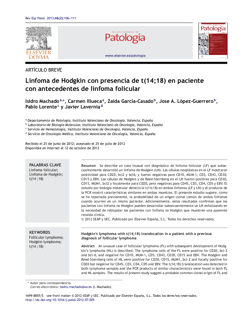 Linfoma de Hodgkin con presencia de t(14;18) en paciente con antecedentes de linfoma folicular