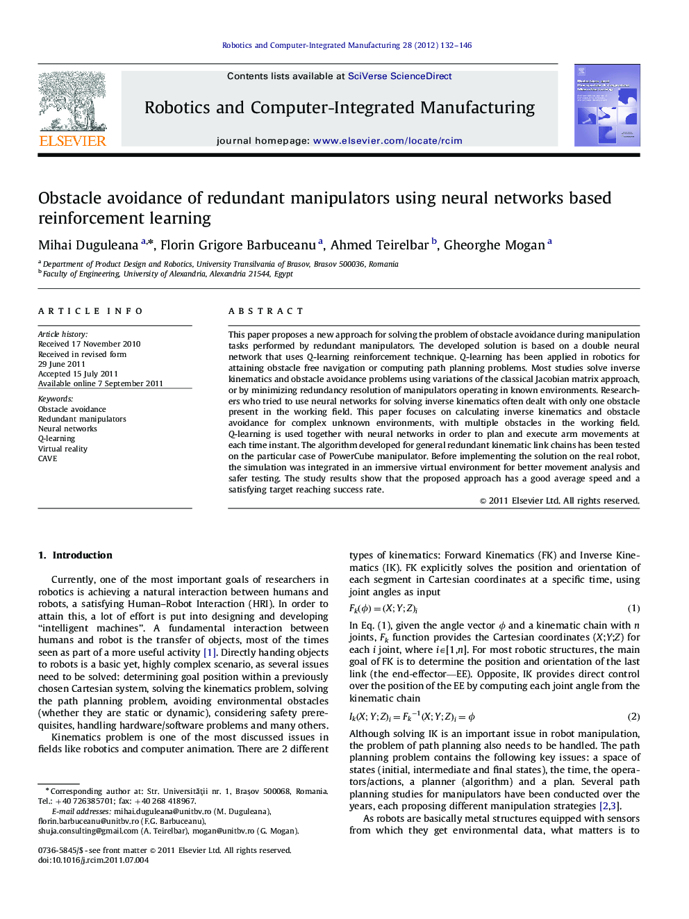 عکس صفحه اول مقاله: Obstacle avoidance of redundant manipulators using neural networks based reinforcement learning Obstacle avoidance of redundant manipulators using neural networks based reinforcement learning