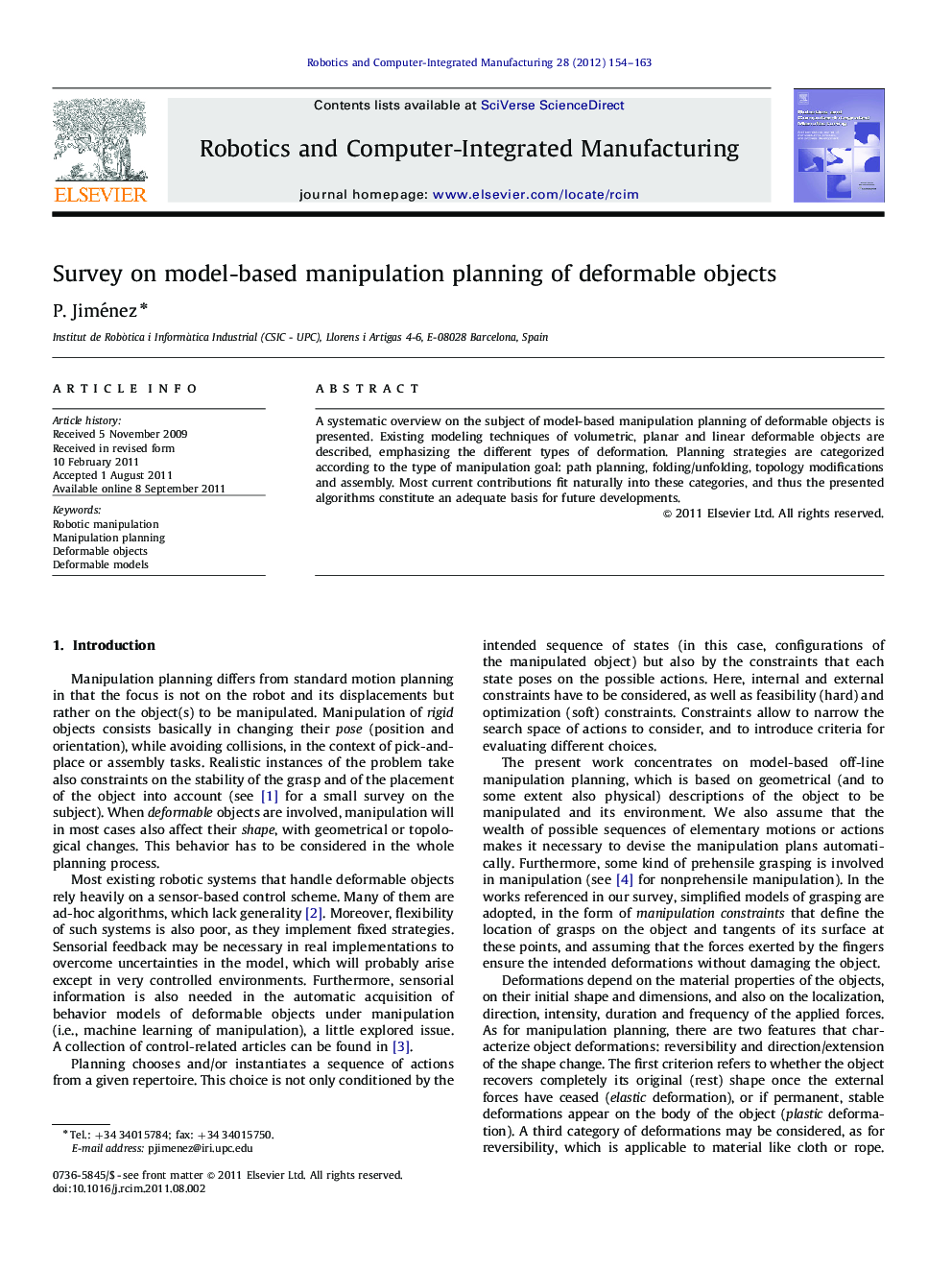 Survey on model-based manipulation planning of deformable objects