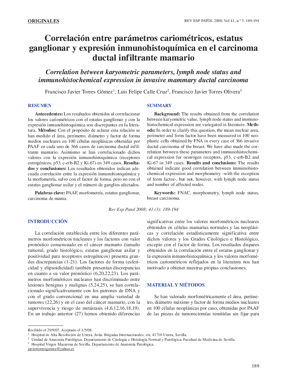 Correlación entre parámetros cariométricos, estatus ganglionar y expresión inmunohistoquÃ­mica en el carcinoma ductal infiltrante mamario