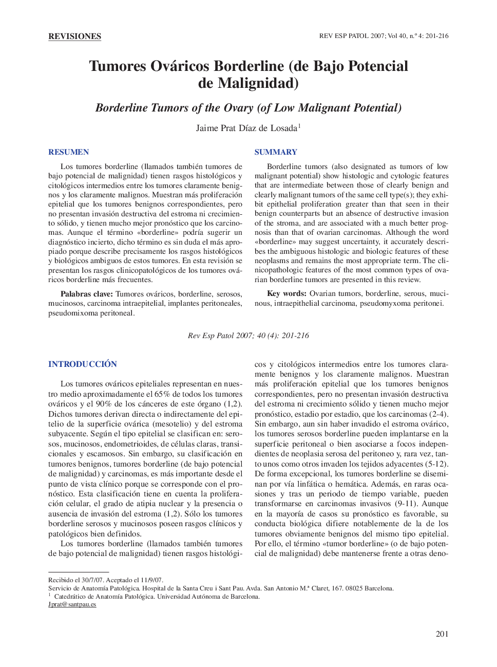 RevisionesTumores Ováricos Borderline (de Bajo Potencial de Malignidad)Borderline Tumors of the Ovary (of Low Malignant Potential)