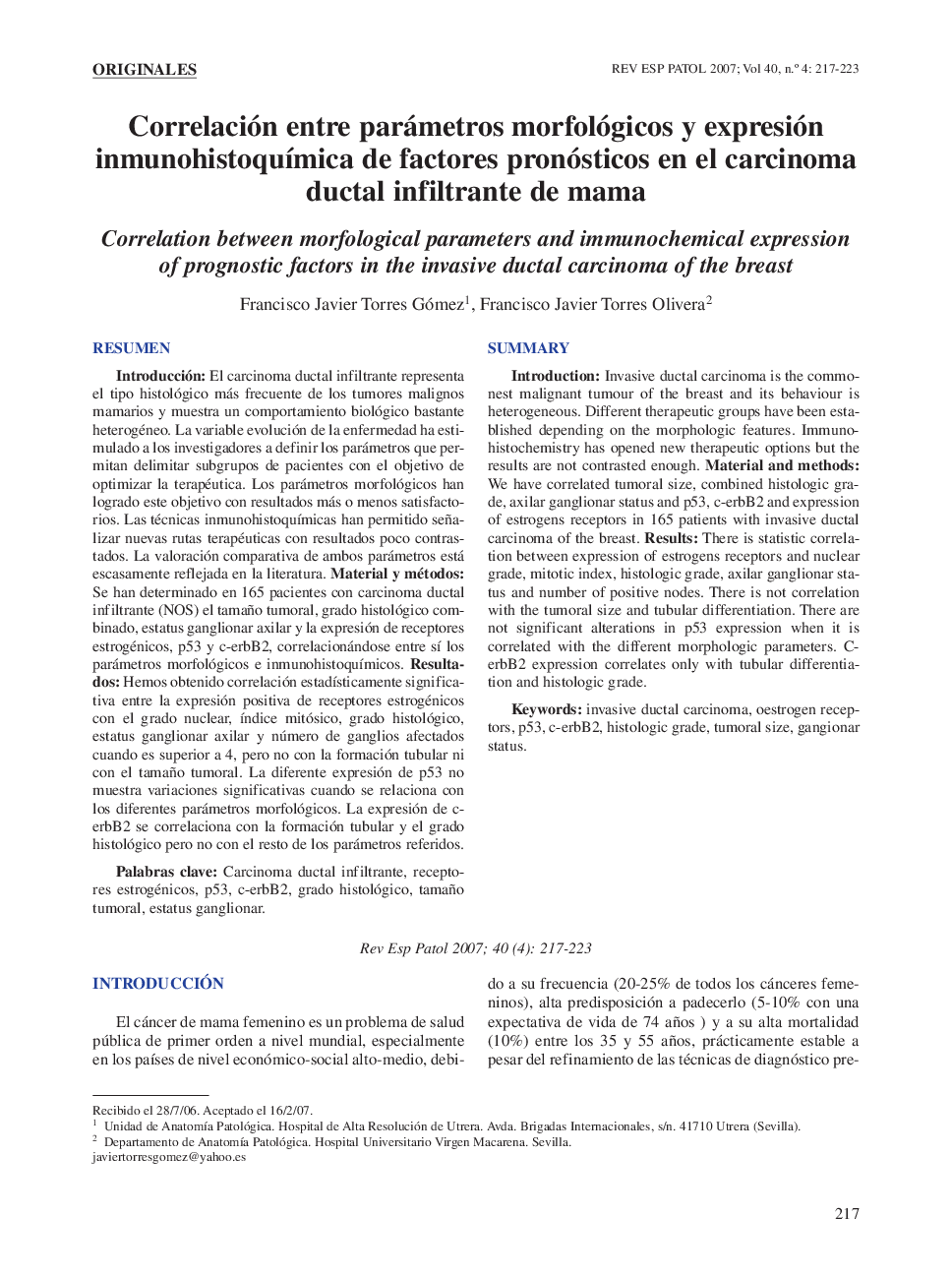 Correlación entre parámetros morfológicos y expresión inmunohistoquÃ­mica de factores pronósticos en el carcinoma ductal infiltrante de mama