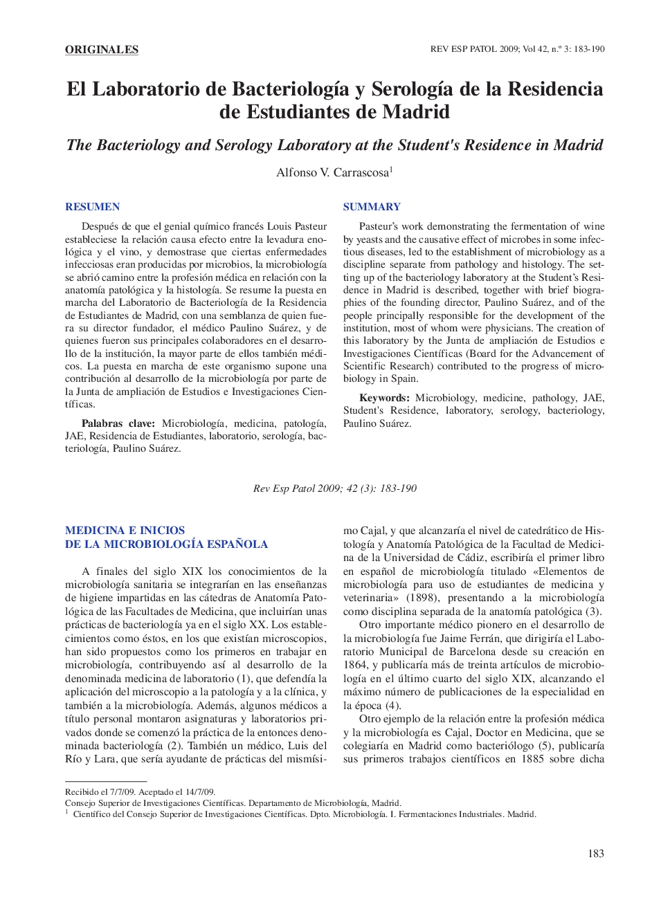 El Laboratorio de BacteriologÃ­a y SerologÃ­a de la Residencia de Estudiantes de Madrid