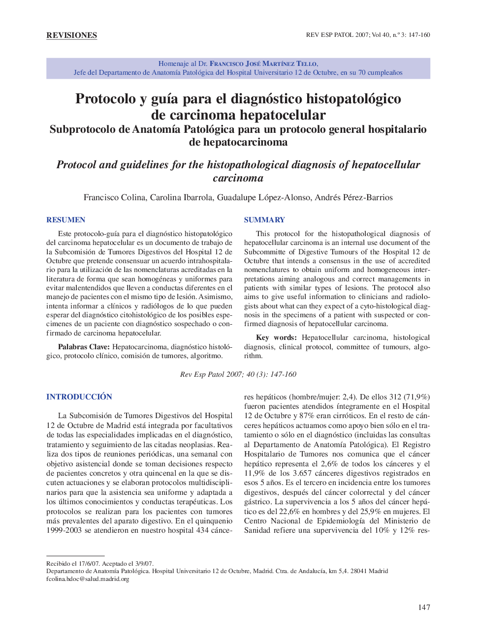 Protocolo y guÃ­a para el diagnóstico histopatológico de carcinoma hepatocelular