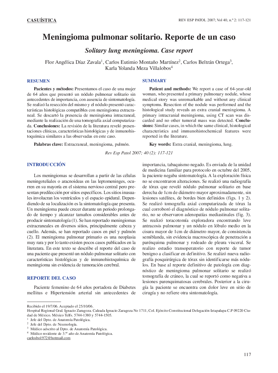 Meningioma pulmonar solitario. Reporte de un caso