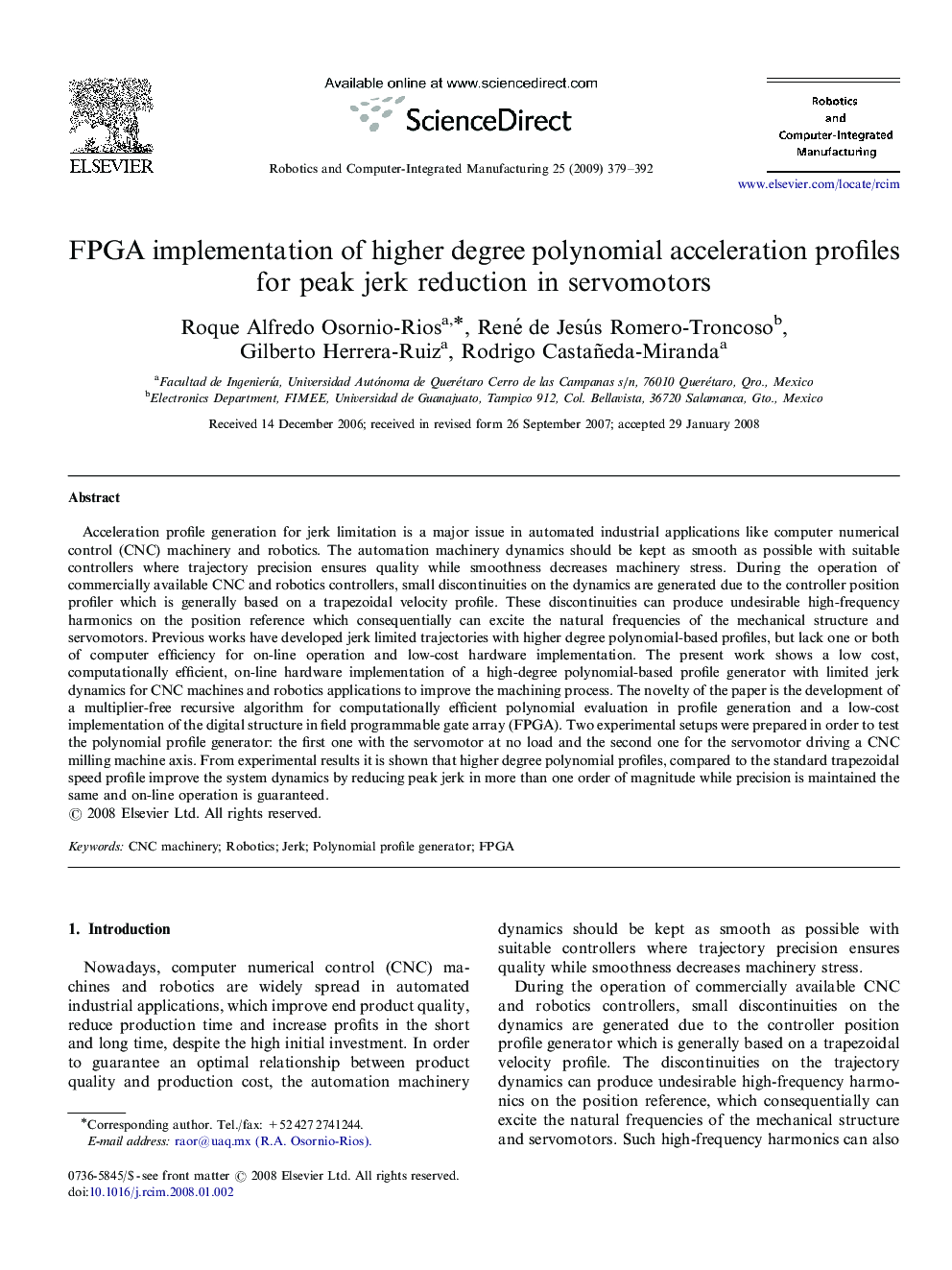 FPGA implementation of higher degree polynomial acceleration profiles for peak jerk reduction in servomotors