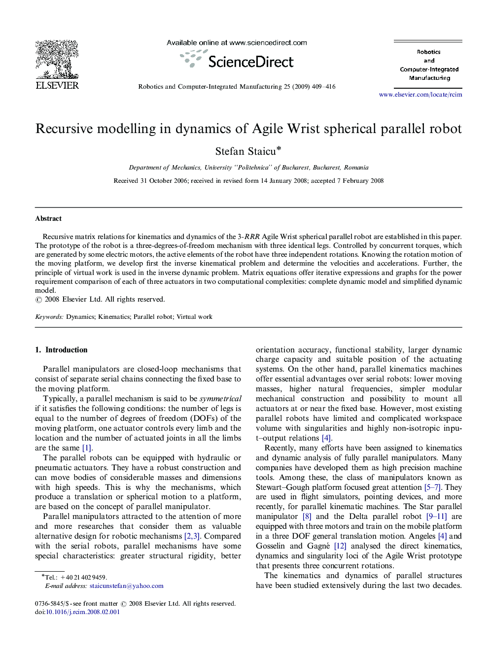 Recursive modelling in dynamics of Agile Wrist spherical parallel robot