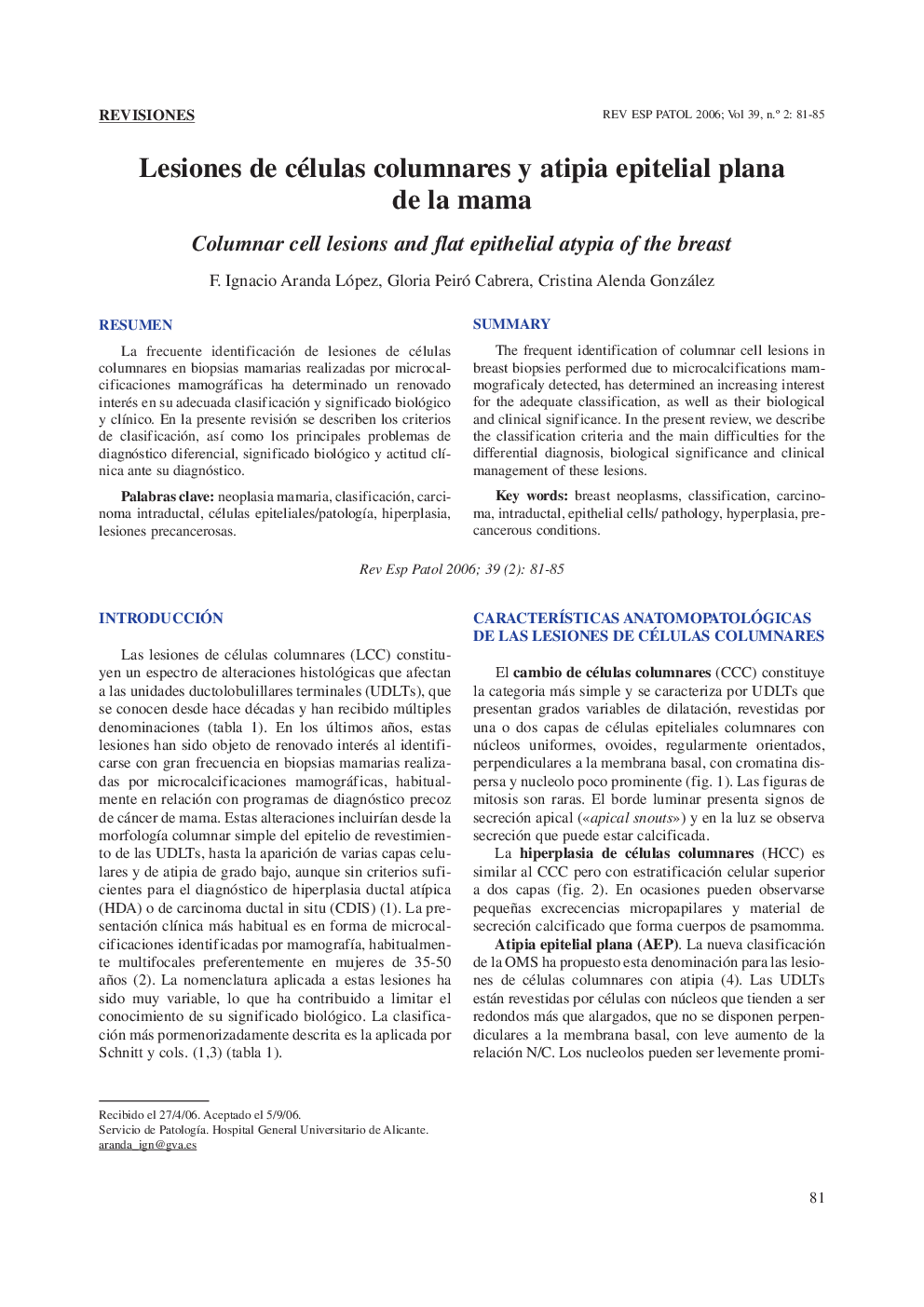 Lesiones de células columnares y atipia epitelial plana de la mama