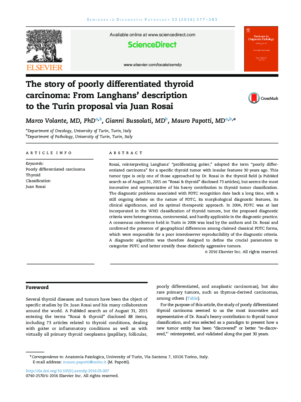 The story of poorly differentiated thyroid carcinoma: From Langhans’ description to the Turin proposal via Juan Rosai