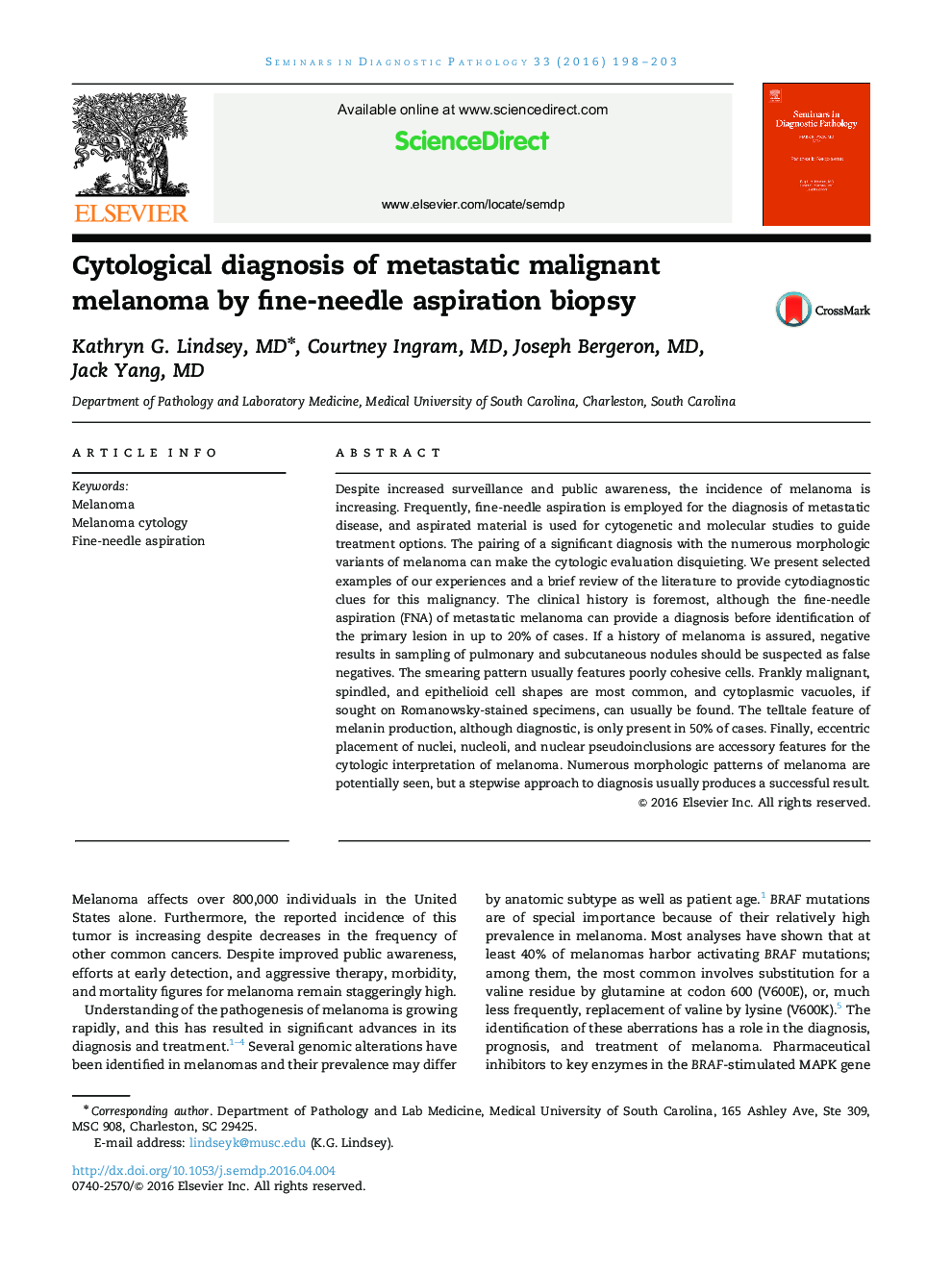 Cytological diagnosis of metastatic malignant melanoma by fine-needle aspiration biopsy