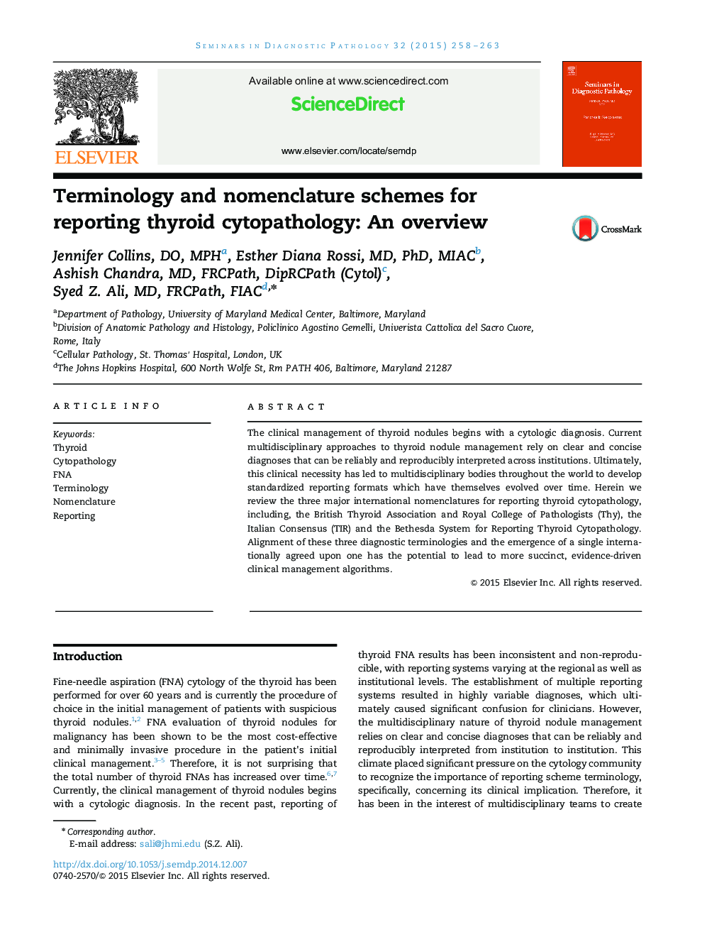 عکس صفحه اول مقاله: Terminology and nomenclature schemes for reporting thyroid cytopathology: An overview Terminology and nomenclature schemes for reporting thyroid cytopathology: An overview