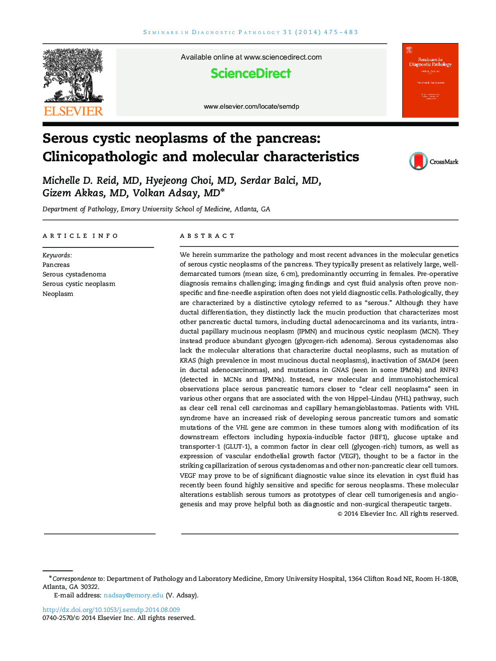 Serous cystic neoplasms of the pancreas: Clinicopathologic and molecular characteristics