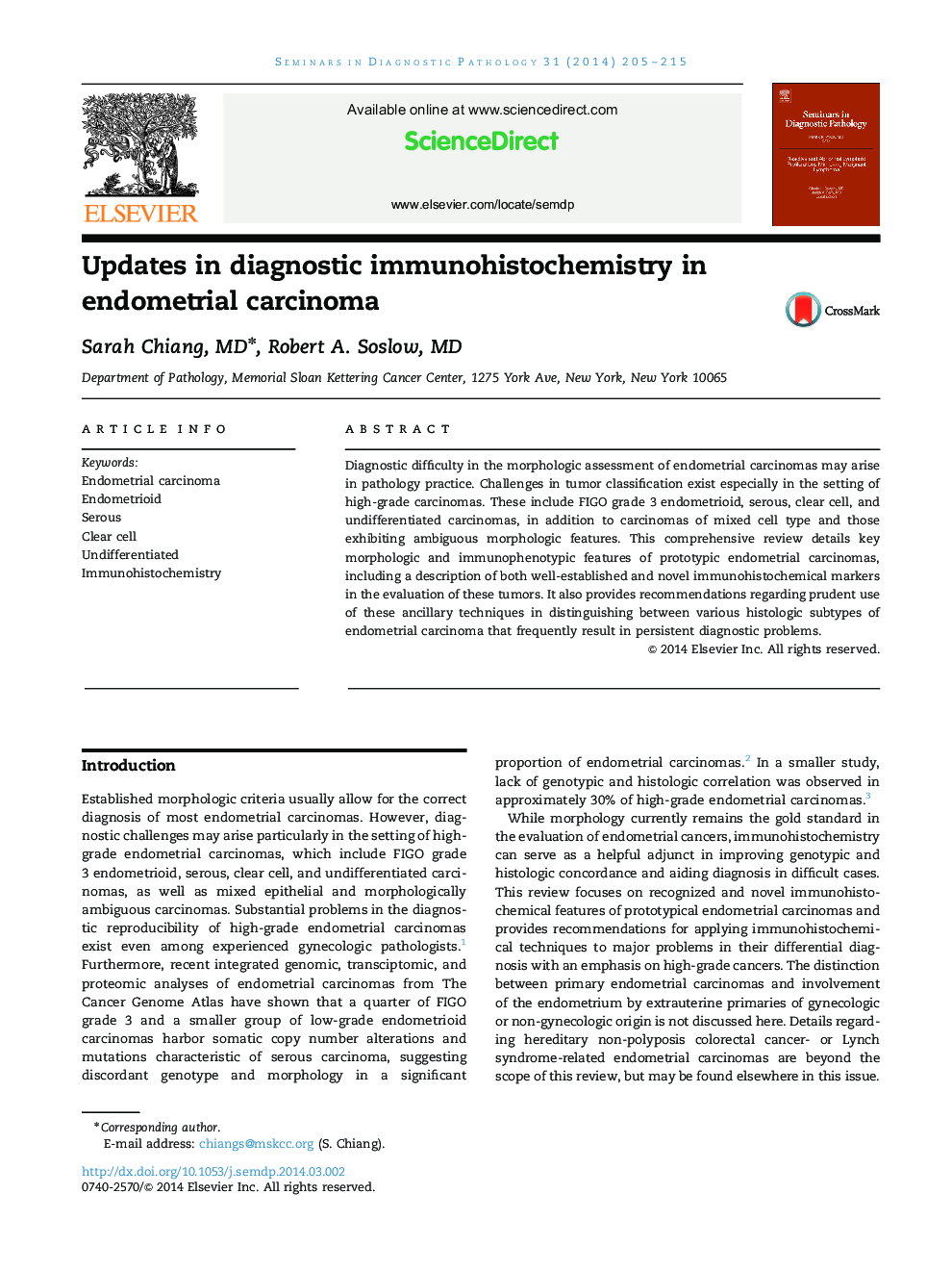 Updates in diagnostic immunohistochemistry in endometrial carcinoma