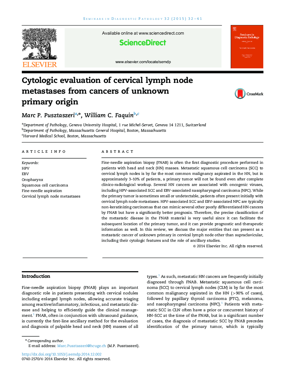 Cytologic evaluation of cervical lymph node metastases from cancers of unknown primary origin