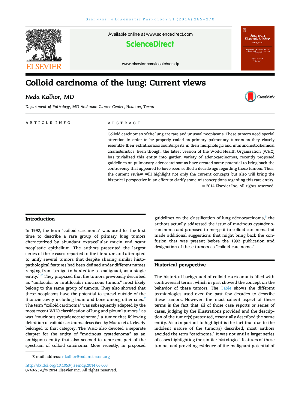 Colloid carcinoma of the lung: Current views