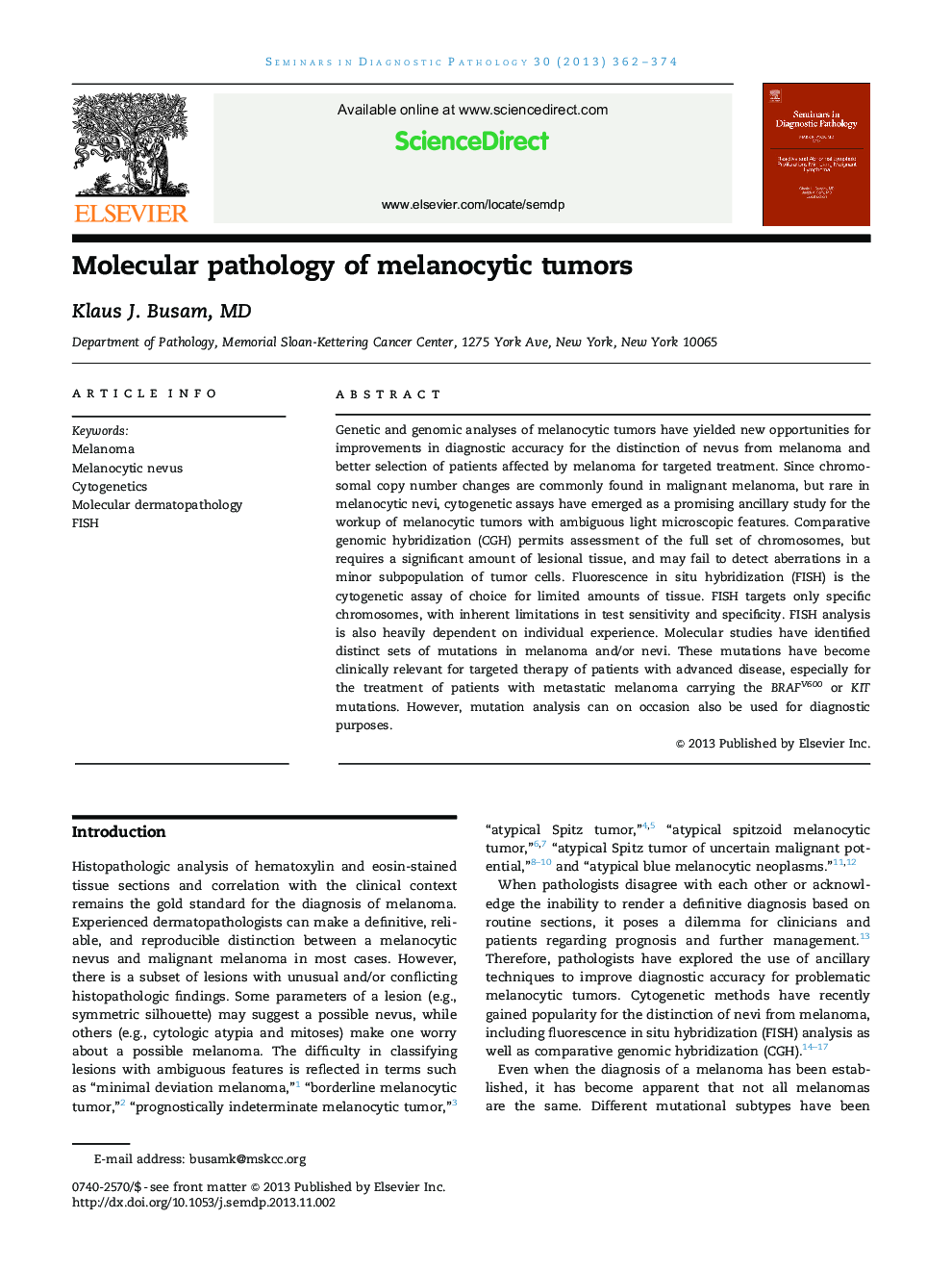 Molecular pathology of melanocytic tumors